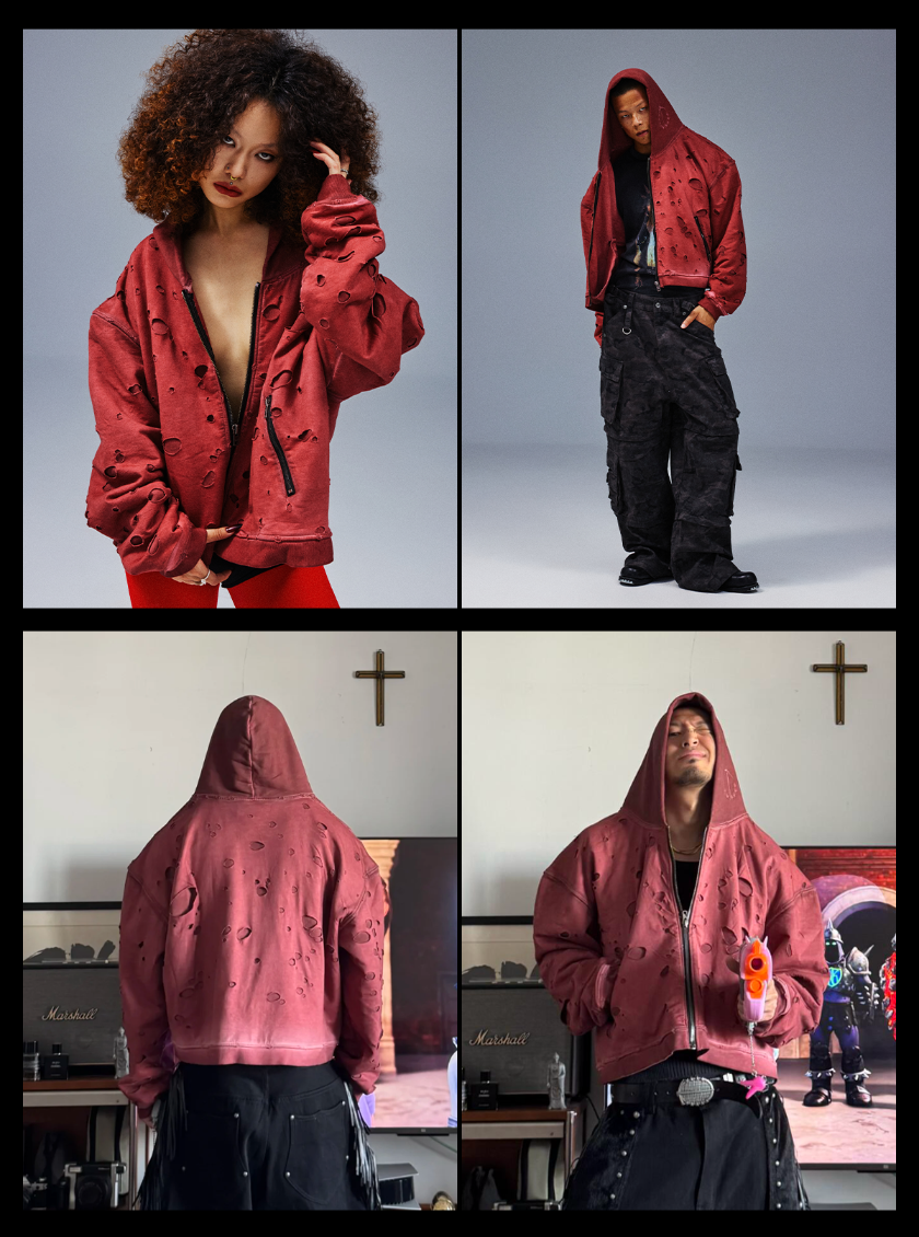 Distressed with Punch Holes Vintage Wizard Hat Short and Wide Hoodie - PSYLOS 1, Distressed with Punch Holes Vintage Wizard Hat Short and Wide Hoodie, Jacket, TecNineGroup, PSYLOS 1